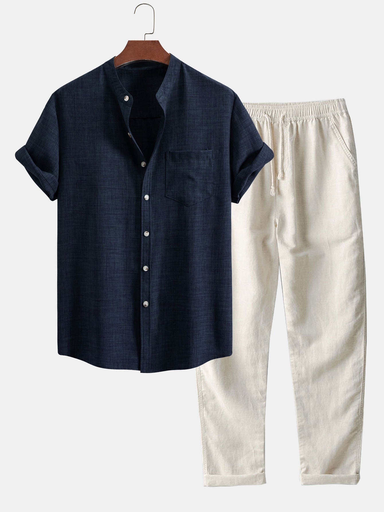 Chemise à Col Montant à Manches Courtes & Pantalons en Lin à Jambe Droite
