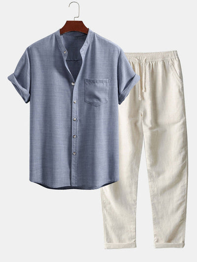Chemise à Col Montant à Manches Courtes & Pantalons en Lin à Jambe Droite