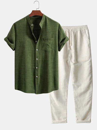 Chemise à Col Montant à Manches Courtes & Pantalons en Lin à Jambe Droite