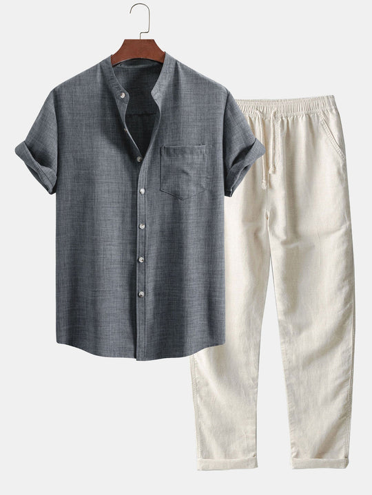 Chemise à Col Montant à Manches Courtes & Pantalons en Lin à Jambe Droite