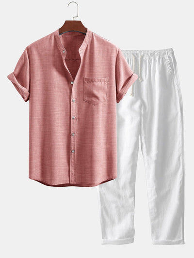 Chemise à Col Montant à Manches Courtes & Pantalons en Lin à Jambe Droite