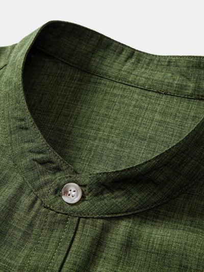 Chemise à Col Montant à Manches Courtes & Pantalons en Lin à Jambe Droite